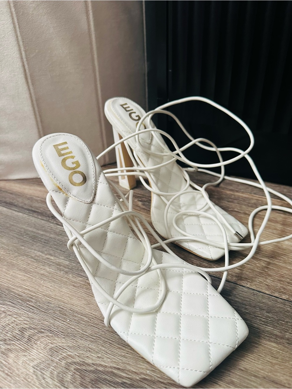 EGO White Quilted Lace-Up Square Toe Heeled Sandals